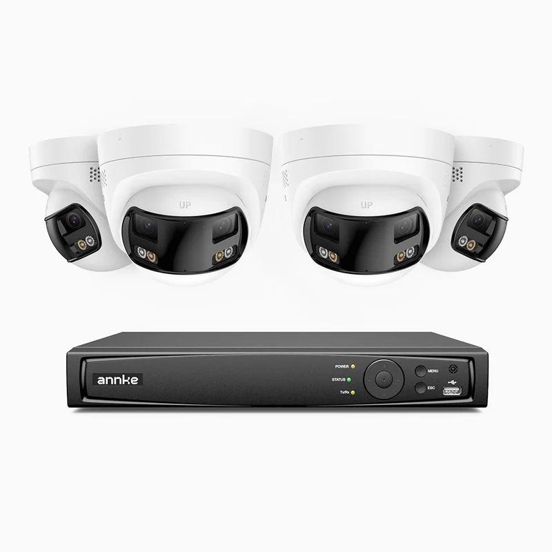 FDH800 - 4K 8CH PoE Security System with 4 Seamless Dual-Lens Cameras, 77° Vertical FOV, 180° Panoramic Coverage, Smart Color Night Vision & Active Deterrence, Two-Way Audio