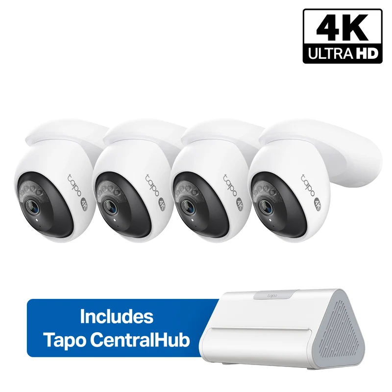 4K Pan/Tilt Wired Outdoor Security Camera with Smart Hub, Tapo C560WS 4-Pack + H500
