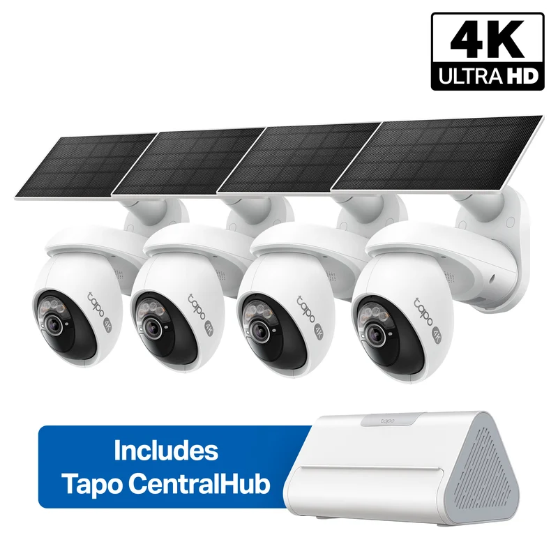 Tapo C660 Kit 4K Solar Pan/Tilt Security Camera Smart CentralHub Bundle, 4-Pack + H500