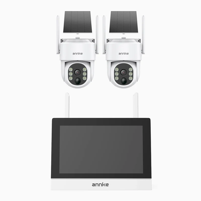 WTB400 - 4MP 4 Channel 2 Solar Cameras Wireless NVR CCTV System with 7″ Monitor, IPS Touch Screen, Motion Detection, Two-Way Audio, 9000mAh Rechargeable Battery & Solar Powered, 270° Pan & 90° Tilt, Works with Alexa