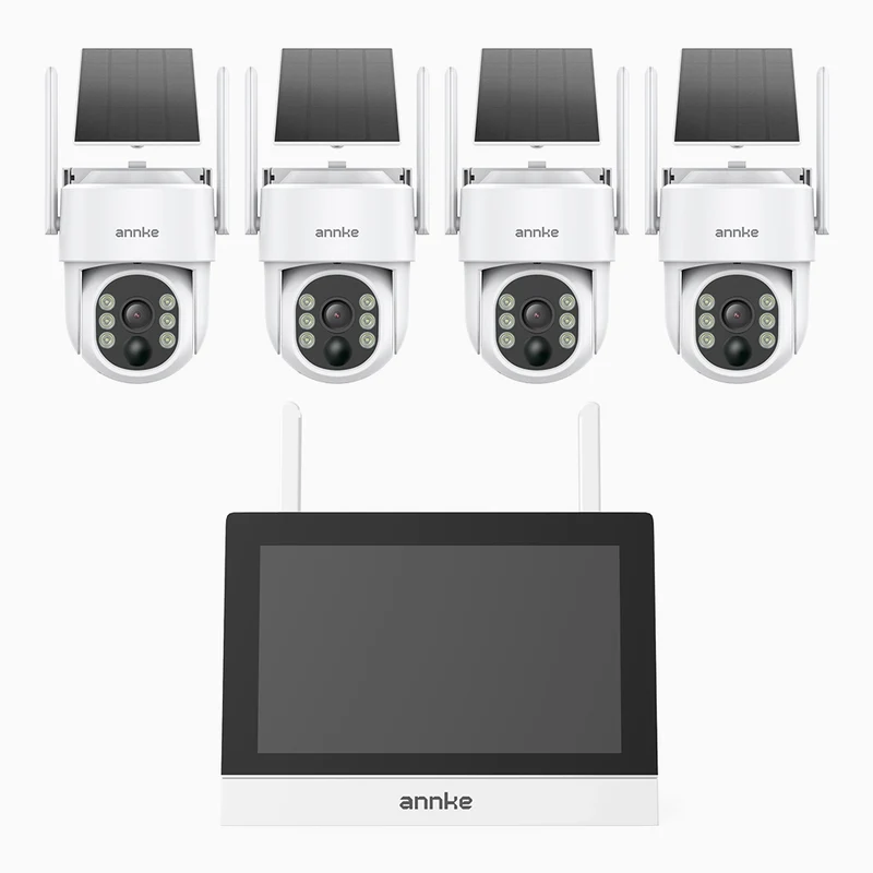 WTB400 - 4MP 4 Channel 4 Solar Cameras Wireless NVR CCTV System with 7″ Monitor, IPS Touch Screen, Motion Detection, Two-Way Audio, 9000mAh Rechargeable Battery & Solar Powered, 270° Pan & 90° Tilt, Works with Alexa