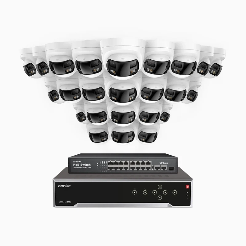 FDH800 - 4K 32CH PoE Security System with 24 Seamless Dual-Lens Cameras, 77° Vertical FOV, 180° Panoramic Coverage, Smart Color Night Vision & Active Deterrence, Two-Way Audio