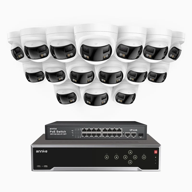 FDH800 - 4K 32CH PoE Security System with 16 Seamless Dual-Lens Cameras, 77° Vertical FOV, 180° Panoramic Coverage, Smart Color Night Vision & Active Deterrence, Two-Way Audio