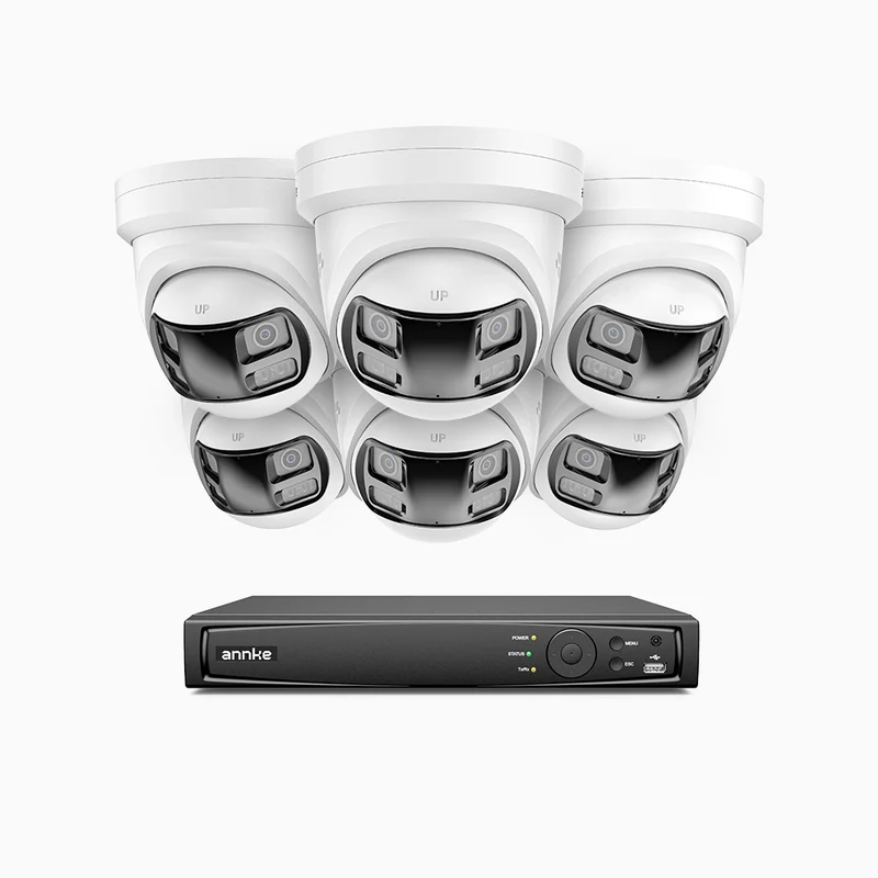FDH800P - 8MP UHD 8 Channel 6 Dual Lens Cameras PoE Security System, 180° Panoramic View, All-Metal Housing, Smart Motion 2.0, Dual Light Night Vision, Two-Way Audio, Active Siren & Alarm, Human & Vehicle Detection, IP67