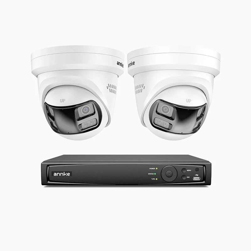 FDH800P - 8MP UHD 8 Channel 2 Dual Lens Cameras PoE Security System, 180° Panoramic View, All-Metal Housing, Smart Motion 2.0, Dual Light Night Vision, Two-Way Audio, Active Siren & Alarm, Human & Vehicle Detection, IP67