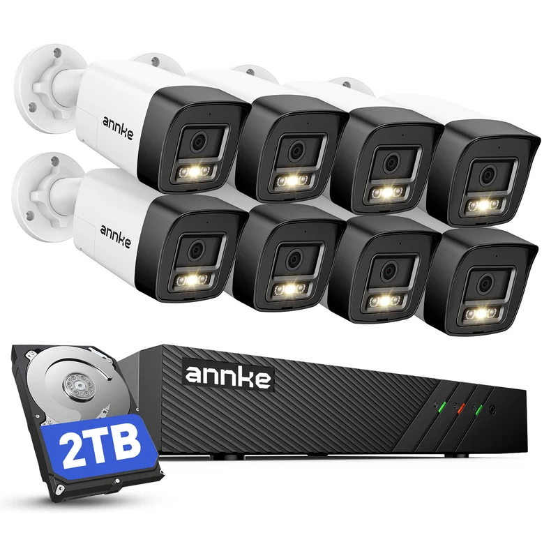ANNKE H500 3K 5MP Poe Security Camera System, 8CH H.265+ NVR with 2TB HDD, 8pcs Wired Outdoor Bullet IP Camera with Red & Blue Light and Audio Alarm, Human/Vehicle Detection, Two-Way Audio, IP67