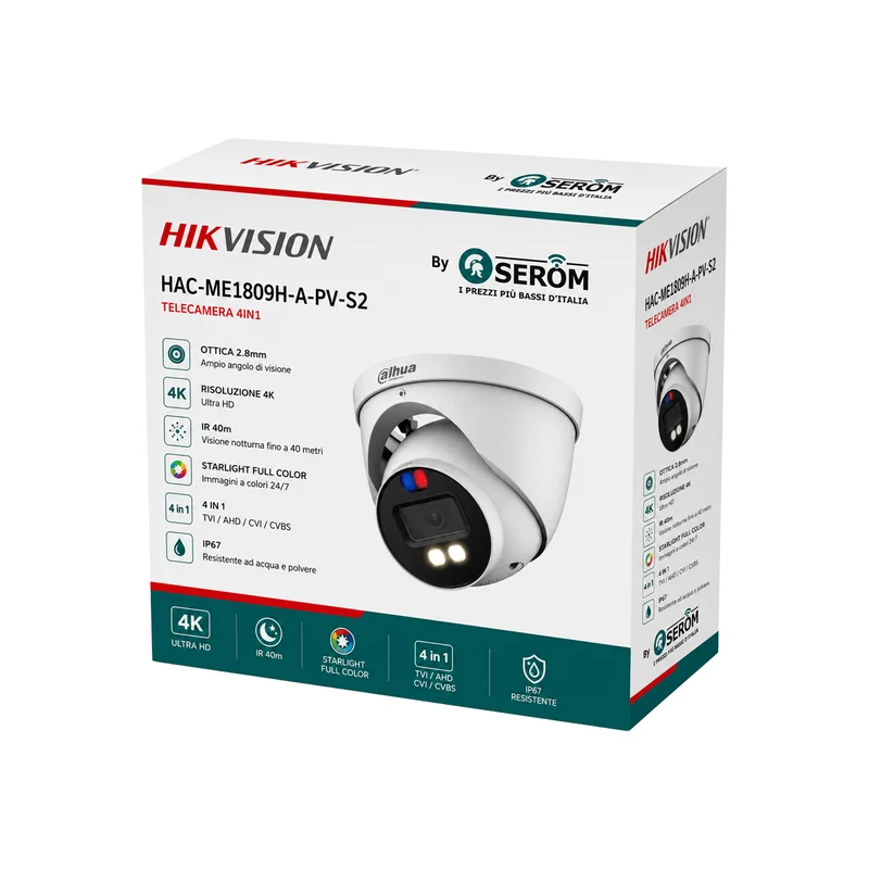 HAC-ME1809H-A-PV-S2 4K Eyeball 4in1 CVI TVI AHD 2.8mm Starlight Full Color IR 40m IP67 con Sirena e Flash - Dahua