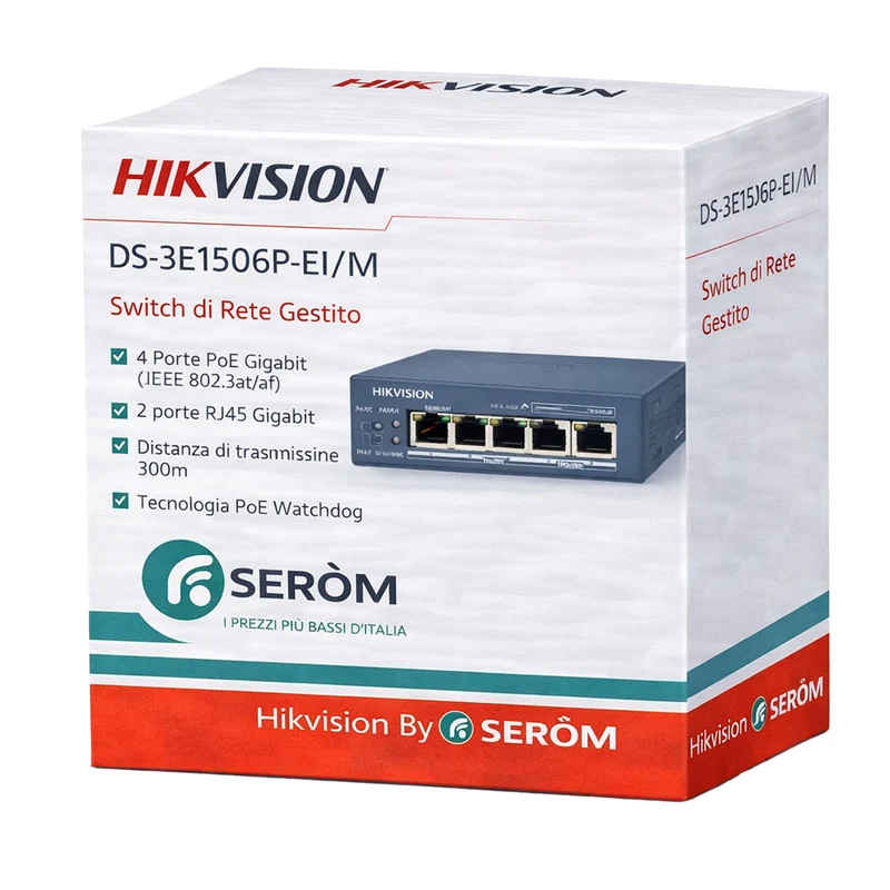 DS-3E1506P-EI/M Switch Gestito 4 Porte PoE Gigabit 2 RJ45 300m 14Gbps PoE Watchdog 6kV - Hikvision