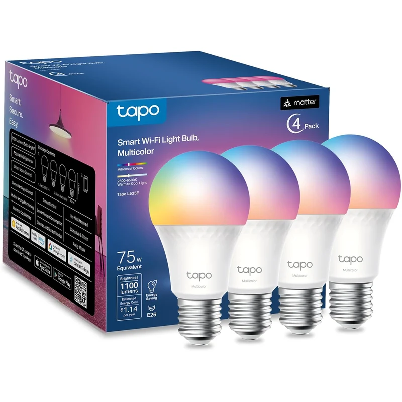 Matter-Certified Dimmable RGBW Smart Light Bulb, Tapo L535E(4-Pack)