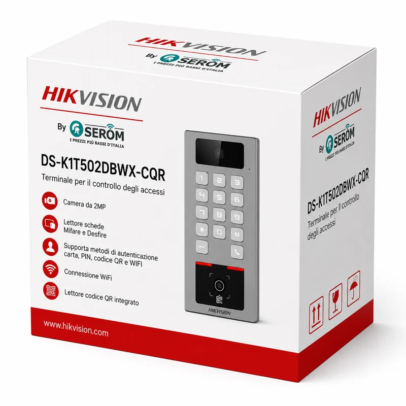 DS-K1T502DBWX-CQR - Terminale Controllo Accessi 2MP QR MIFARE DESFire WiFi IP65 IK09 SIP 2.0 - Hikvision