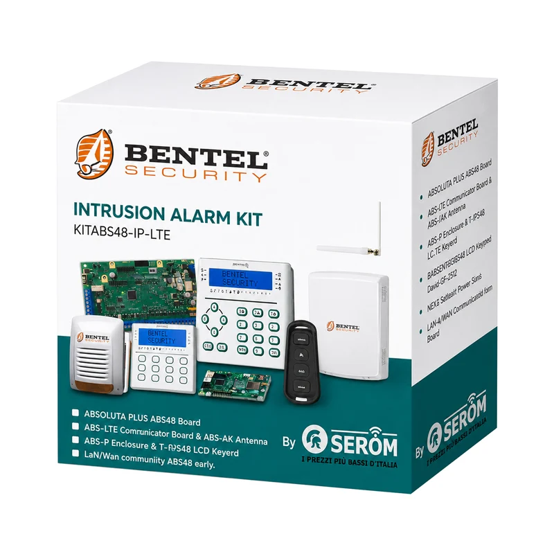 KITABS48-IP-LTE - Kit Centrale Antifurto Absoluta Plus ABS48 Ibrida con Modulo 4G LTE, LAN IP, Tastiera LCD e Sirena NEKA - Bentel