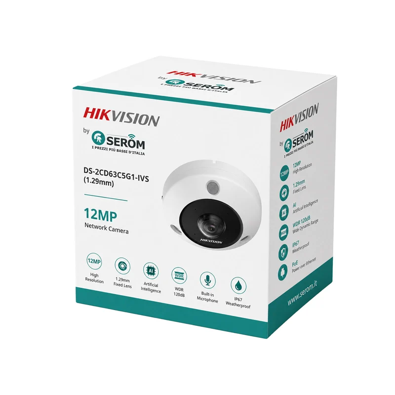 Telecamera IP DS-2CD63C5G1-IVS 12MP FishEye PoE AI H.265+ IR 15m Microfono Speaker IP67 - Hikvision