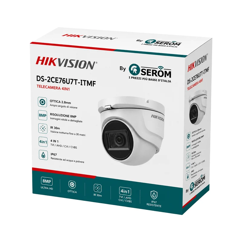 DS-2CE76U7T-ITMF(2.8mm) Telecamera Dome 4in1 8MP 4K Ultra HD Smart IR 30m Ultra Low Light WDR 130dB - Hikvision