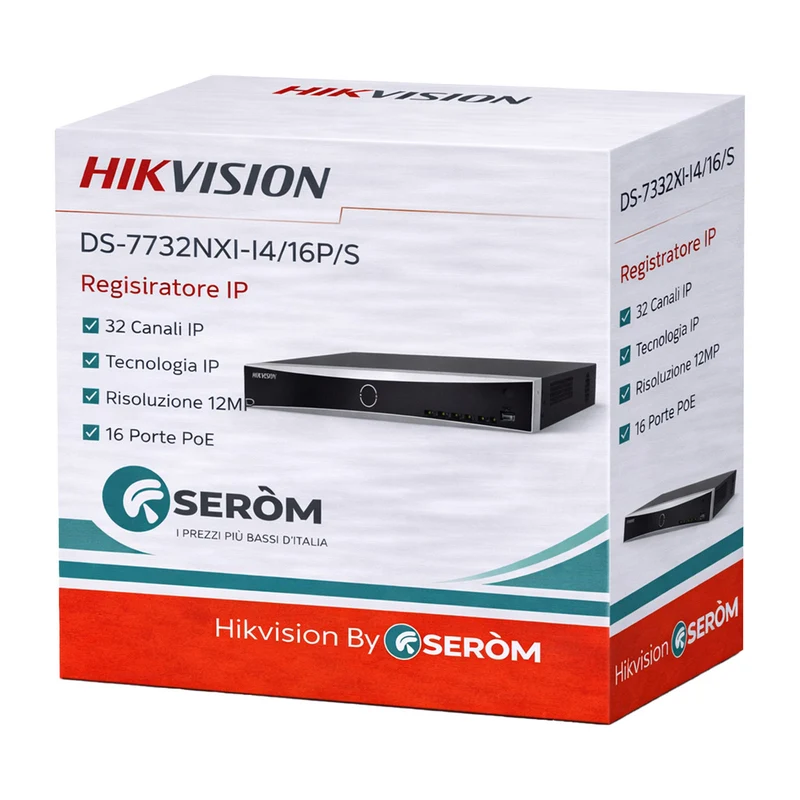DS-7732NXI-I4/16P/S NVR IP 32 Canali 12MP 4K con 16 PoE H.265+ HDD 2TB Video Analisi Smart Search Hik-Connect - Hikvision