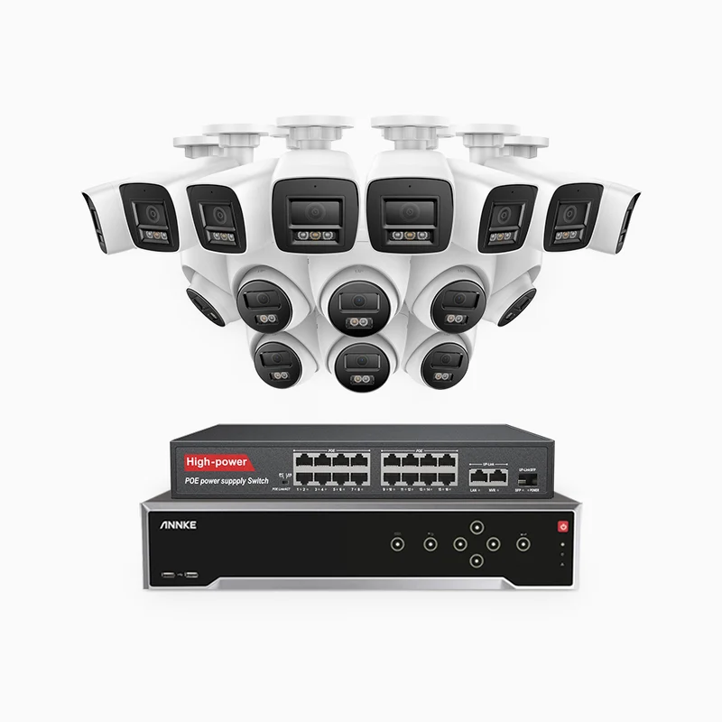 H1200 - 4K 12MP 32 Channel PoE Security System with 8 Bullet & 8 Turret Cameras, Color & IR Night Vision, Human & Vehicle Detection, H.265+, Built-in Microphone, Support SD Card, IP67