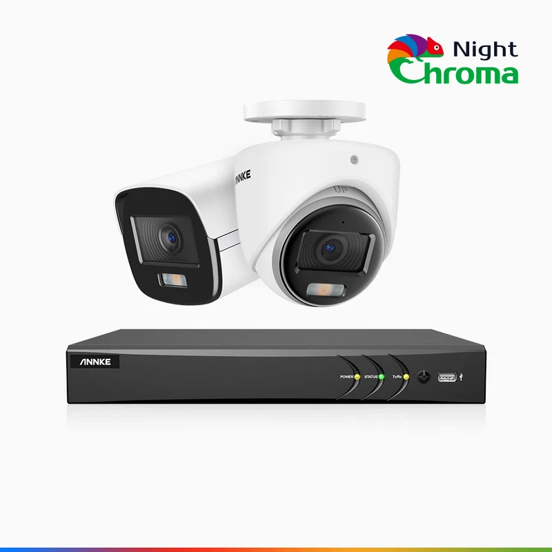NightChroma TM NAK500 - Updated Version, 3K 8 Channel TVI Security System with 1 Bullet & 1 Turret Cameras, Acme Color Night Vision, 2960 × 1665 Resolution, f/1.0 Aperture (0.001 Lux), Built-in Microphone, IP67