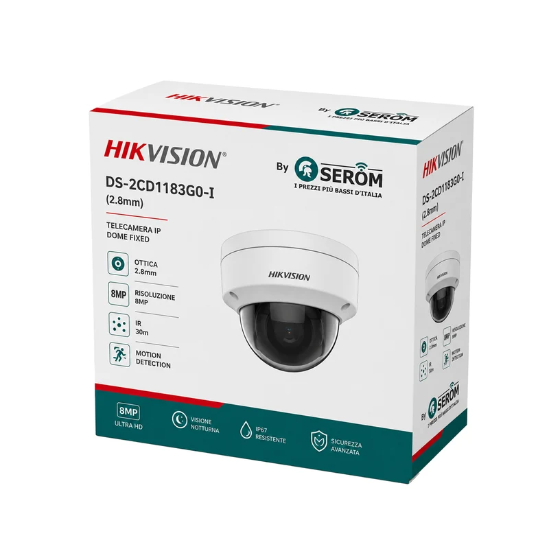 DS-2CD1183G0-I(2.8 mm) Telecamera IP Dome PoE 8MP 4K Ultra HD IR 30m H.265+ IP67 IK10 Hik-Connect - Hikvision