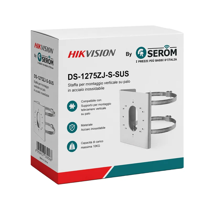 DS-1275ZJ-S-SUS Supporto Verticale per Montaggio su Palo in Acciaio Inox Bianco Portata 10 kg per Telecamere - Hikvision