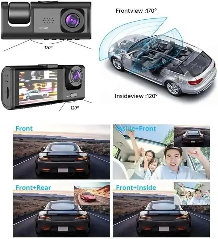 (3channel dash cam)Videoregistratore Auto Dashcam 3 Canali Full HD 1080P | Sistema a 3 Telecamere (Anteriore + Posteriore + Interno/Abitacolo) | Doppio Obiettivo Anteriore, Schermo LCD 3", Scatola Nera G-Sensor