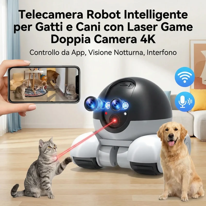 (JACDI181)Telecamera Robot Intelligente per Gatti e Cani con Laser Game Doppia Camera 4K - Controllo da App, Visione Notturna, Interfono