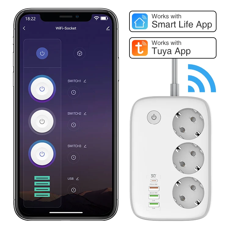 (SEW-3452)Ciabatta multipresa Smart Wi-Fi, 3 Prese EU + 4 USB QC/PD, Controllo da smatphone app dedicata - Multipresa Intelligente con Timer e Controllo Individuale, compatibile con Alexa e Google Home