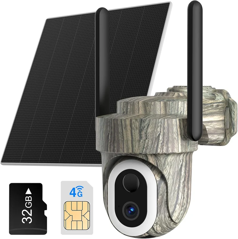 Telecamera con Sim 4G per Esterno,2K Telecamere Senza Fili con Pannello Solare,Visione Notturna a Colori,Rilevamento Umano PIR,IP66 mimetica