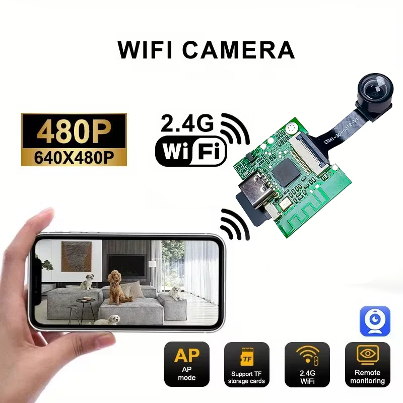 (Cam One)Telecamera wifi mini modulo 5 volt 26x23mm gestione tramite APP registrazione video 480p su micro SD