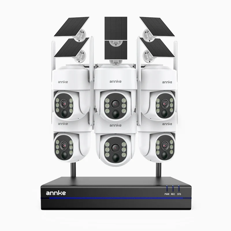 WBS400 - 4MP 8 Channel 6 Battery Cameras Outdoor Wireless NVR Security System, Dual-Band WiFi, 270° Pan & 90° Tilt, 9000mAh Battery & Solar Powered, Motion Detection, Two-Way Audio