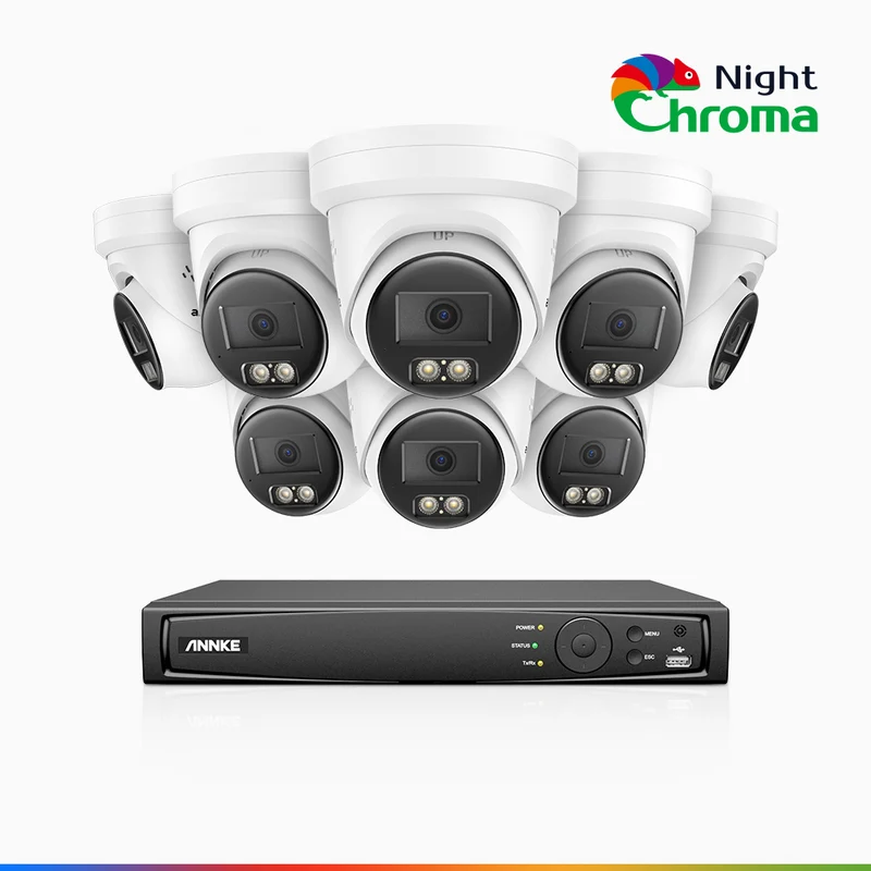 NightChroma TM NBRK800 - 4K 8 Channel 8 Cameras Outdoor PoE Security System, Red Blue Flashing Lights & Siren, 3840*2160, Acme Color & IR Night Vision, Human & Vehicle Detection, Two-Way Audio, IP67 Weatherproof, All-Metal Housing