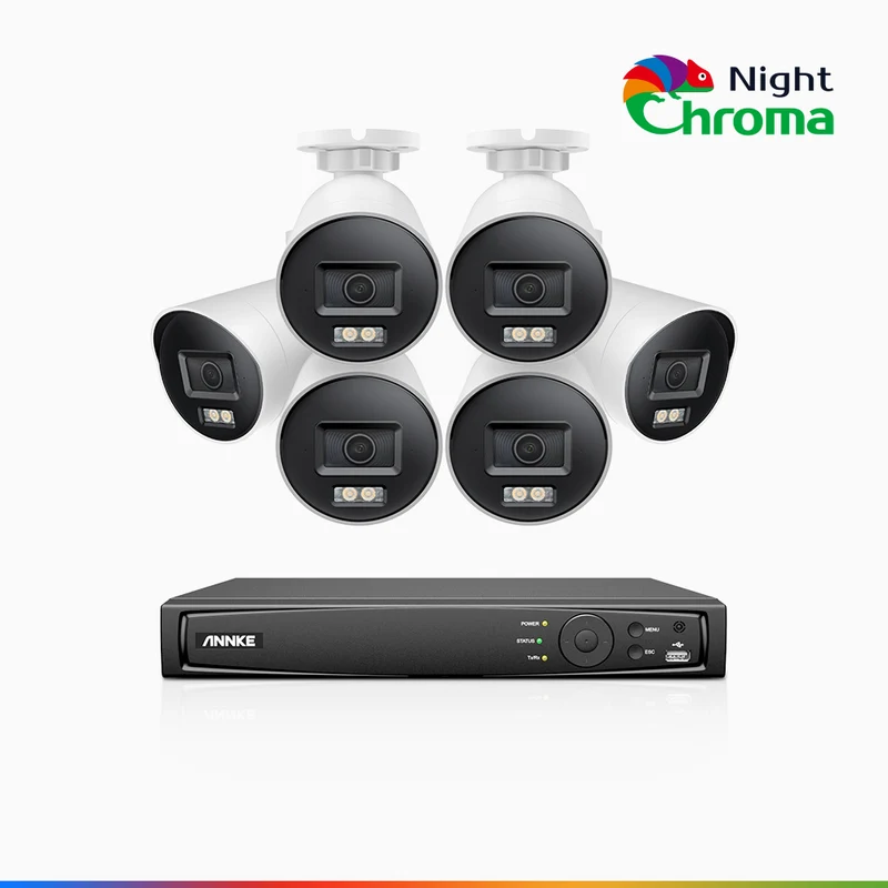 NightChroma TM NBRK800 - 4K 8 Channel 6 Cameras Outdoor PoE Security System, Red Blue Flashing Lights & Siren, 3840*2160, Acme Color & IR Night Vision, Human & Vehicle Detection, Two-Way Audio, IP67 Weatherproof, All-Metal Housing