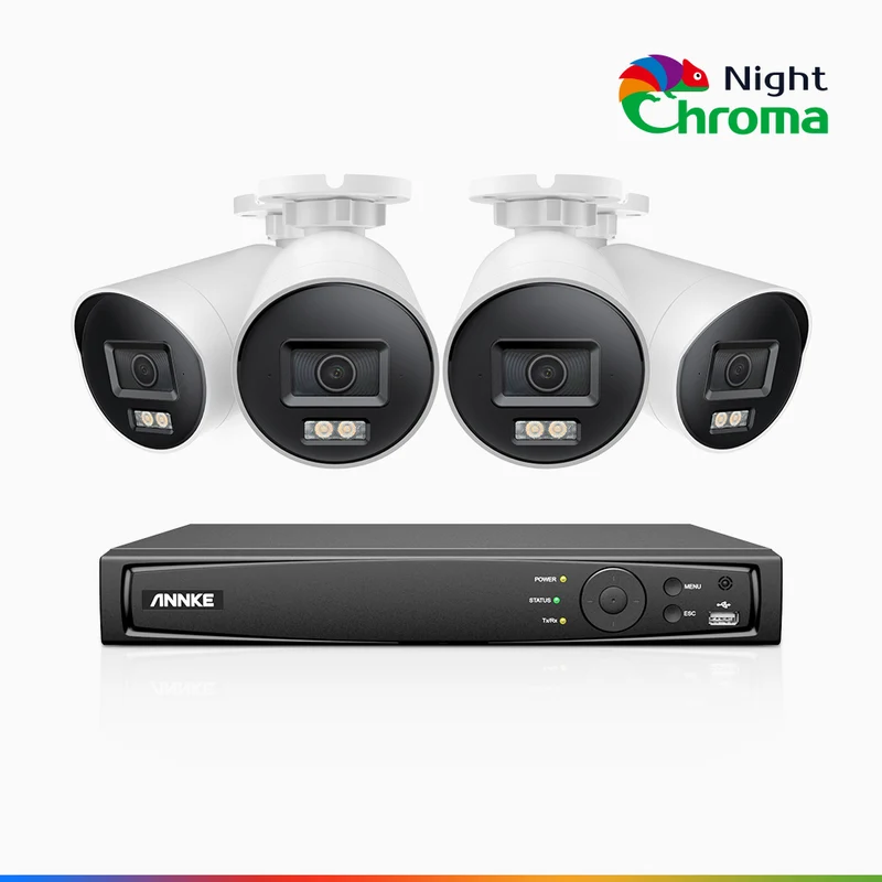 NightChroma TM NBRK800 - 4K 8 Channel 4 Cameras Outdoor PoE Security System, Red Blue Flashing Lights & Siren, 3840*2160, Acme Color & IR Night Vision, Human & Vehicle Detection, Two-Way Audio, IP67 Weatherproof, All-Metal Housing