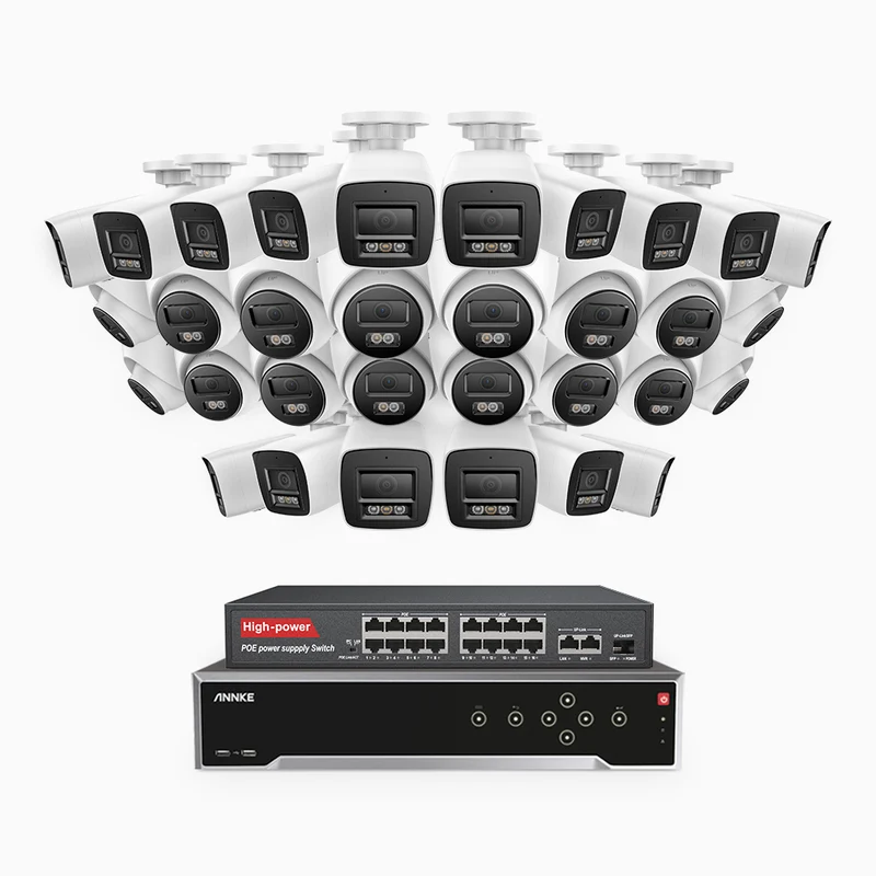 H1200 - 4K 12MP 32 Channel PoE Security System with 16 Bullet & 16 Turret Cameras, Color & IR Night Vision, Human & Vehicle Detection, H.265+, Built-in Microphone, Support SD Card, IP67
