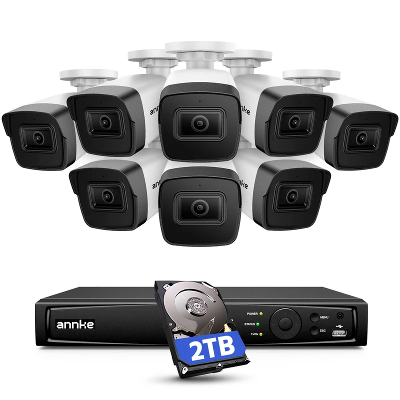 ANNKE 5MP Security Camera System, 16CH NVR Recorder with AI Motion Detection, 8X 3K IP PoE Wired Cams with Built-in Mic, IP67, 2.8mm Lens, Compatible with Alexa for Home Business Surveillance, 2TB HDD