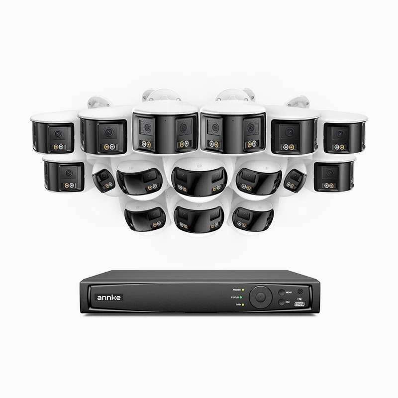 FDH800 - 4K 16CH PoE Security System with 16 Seamless Dual-Lens Cameras (8 Bullet + 8 Turret)，77° Vertical FOV, 180° Panoramic Coverage, Smart Color Night Vision & Active Deterrence, Two-Way Audio