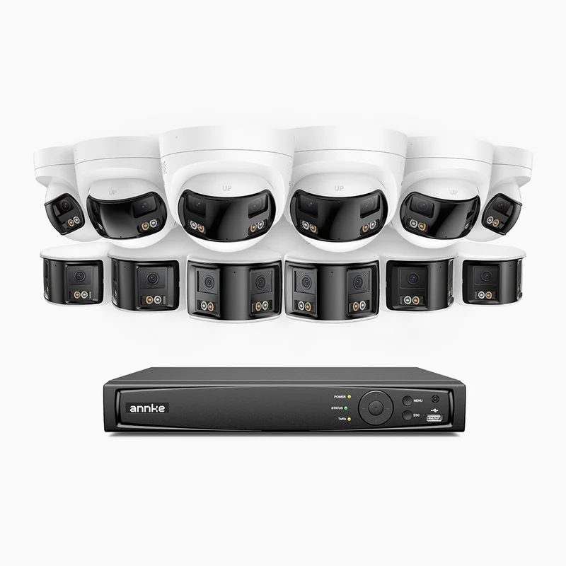 FDH800 - 4K 16CH PoE Security System with 12 Seamless Dual-Lens Cameras (6 Bullet + 6 Turret)，77° Vertical FOV, 180° Panoramic Coverage, Smart Color Night Vision & Active Deterrence, Two-Way Audio