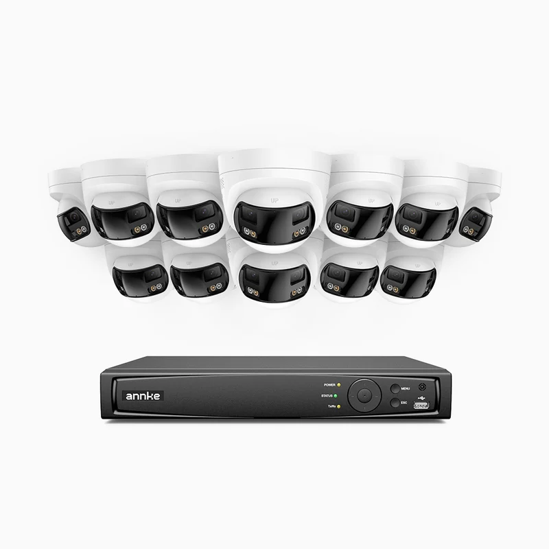 FDH800 - 4K 16CH PoE Security System with 12 Seamless Dual-Lens Cameras, 77° Vertical FOV, 180° Panoramic Coverage, Smart Color Night Vision & Active Deterrence, Two-Way Audio