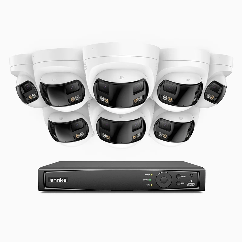 FDH800 - 4K 16CH PoE Security System with 8 Seamless Dual-Lens Cameras, 77° Vertical FOV, 180° Panoramic Coverage, Smart Color Night Vision & Active Deterrence, Two-Way Audio