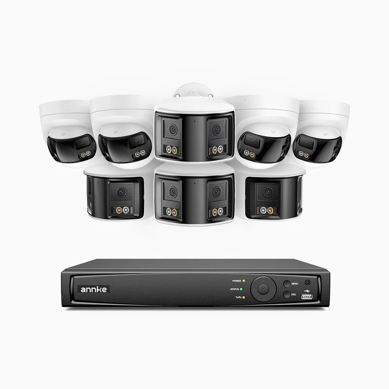 FDH800 - 4K 8CH PoE Security System with 8 Seamless Dual-Lens Cameras (4 Bullet + 4 Turret), 77° Vertical FOV, 180° Panoramic Coverage, Smart Color Night Vision & Active Deterrence, Two-Way Audio