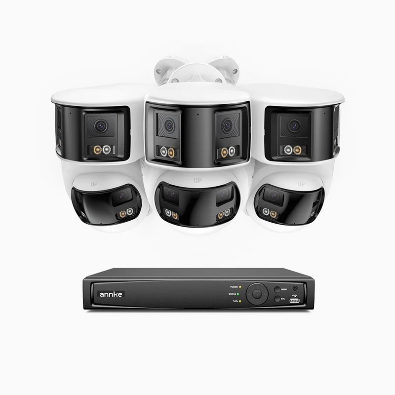 FDH800 - 4K 8CH PoE Security System with 6 Seamless Dual-Lens Cameras (3 Bullet + 3 Turret), 77° Vertical FOV, 180° Panoramic Coverage, Smart Color Night Vision & Active Deterrence, Two-Way Audio