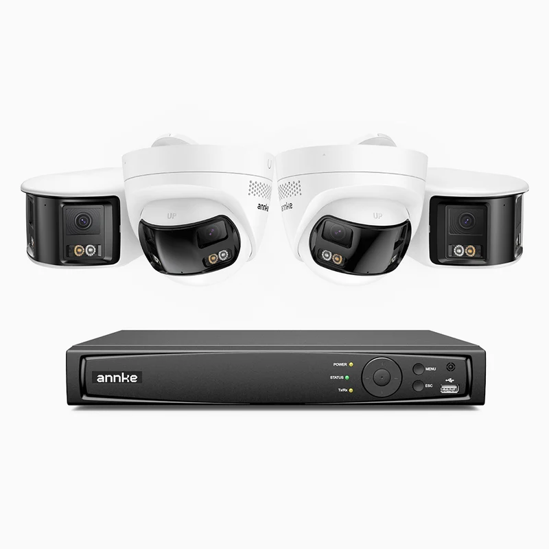 FDH800 - 4K 8CH PoE Security System with 4 Seamless Dual-Lens Cameras (2 Bullet + 2 Turret), 77° Vertical FOV, 180° Panoramic Coverage, Smart Color Night Vision & Active Deterrence, Two-Way Audio