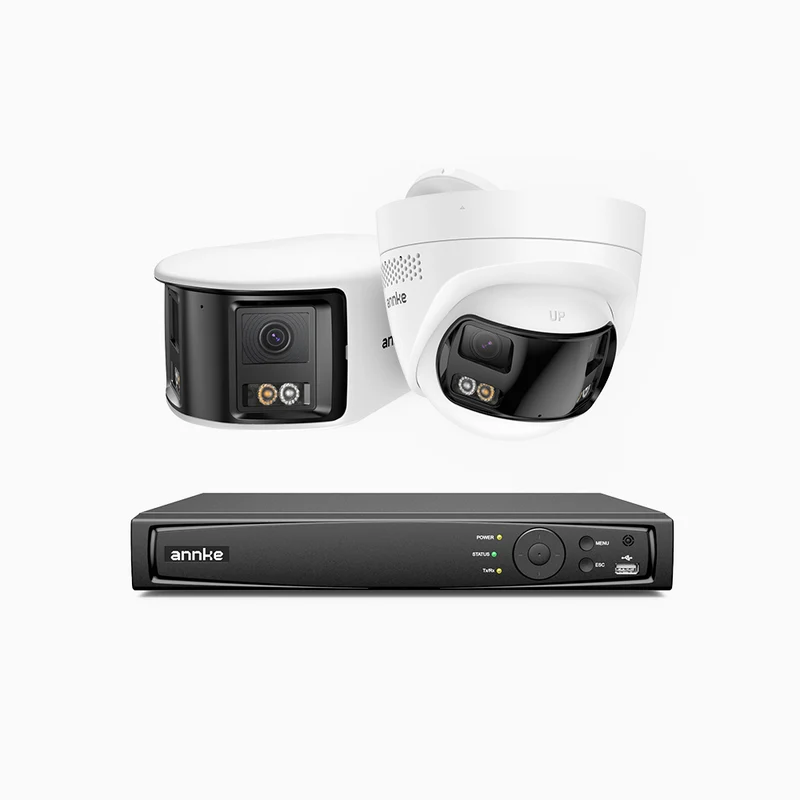 FDH800 - 4K 8CH PoE Security System with 2 Seamless Dual-Lens Cameras (1 Bullet + 1 Turret), 77° Vertical FOV, 180° Panoramic Coverage, Smart Color Night Vision & Active Deterrence, Two-Way Audio