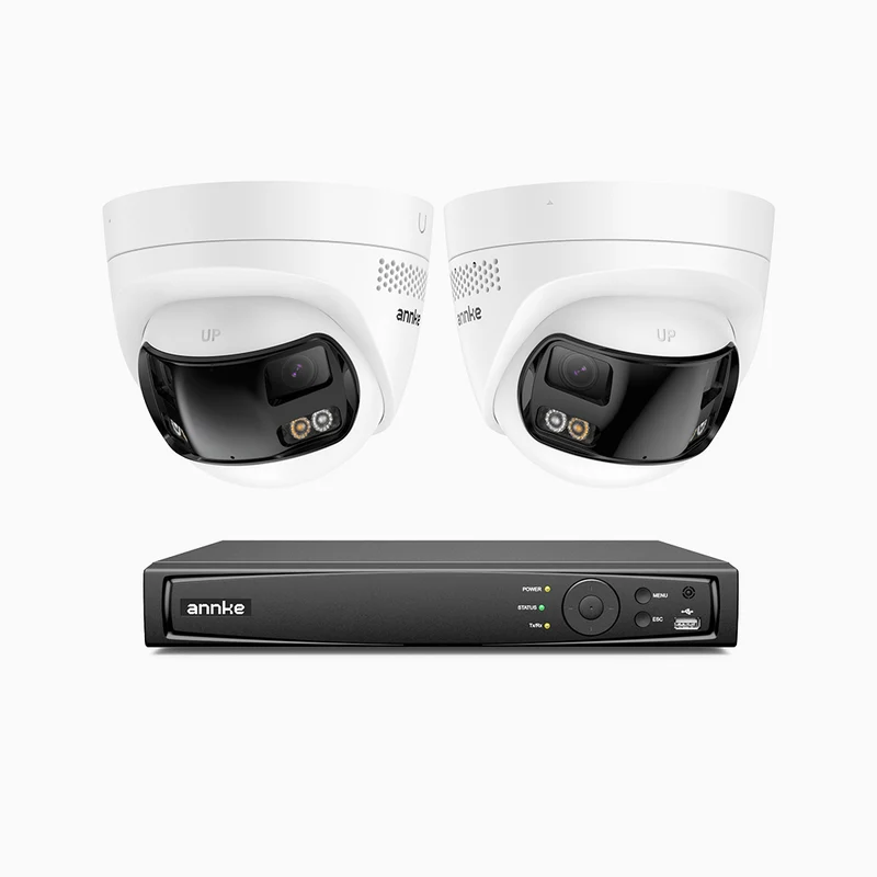 FDH800 - 4K 8CH PoE Security System with 2 Seamless Dual-Lens Cameras, 77° Vertical FOV, 180° Panoramic Coverage, Smart Color Night Vision & Active Deterrence, Two-Way Audio
