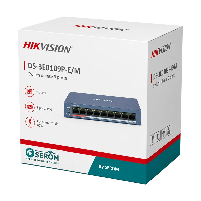 DS-3E0109P-E/M - Switch PoE 9 Porte con 8 Porte PoE, Ethernet 100 Mbps e Design Fanless - Hikvision