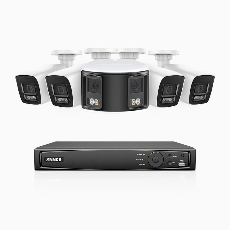 HDCK680 - 8 Channel PoE NVR Security System with Four 4K Cameras & One 6MP Dual Lens Panoramic Camera (180° Ultra Wide Angle), Human & Vehicle Detection, Built-in Microphone, Two-Way Audio