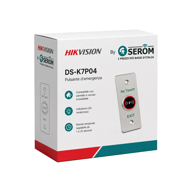 DS-K7P04 Pulsante di Uscita Emergenza in Acciaio Inox con LED e Ritardo Regolabile per Controllo Accessi - Hikvision