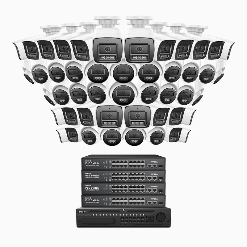 H800 - 4K 64 Channel PoE Security System with 24 Bullet & 24 Turret Cameras, Human & Vehicle Detection, Color & IR Night Vision, Built-in Mic, RTSP Supported, 16-Port PoE Switch Included