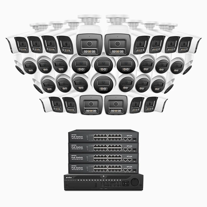 H800 - 4K 64 Channel PoE Security System with 20 Bullet & 20 Turret Cameras, Human & Vehicle Detection, Color & IR Night Vision, Built-in Mic, RTSP Supported, 16-Port PoE Switch Included