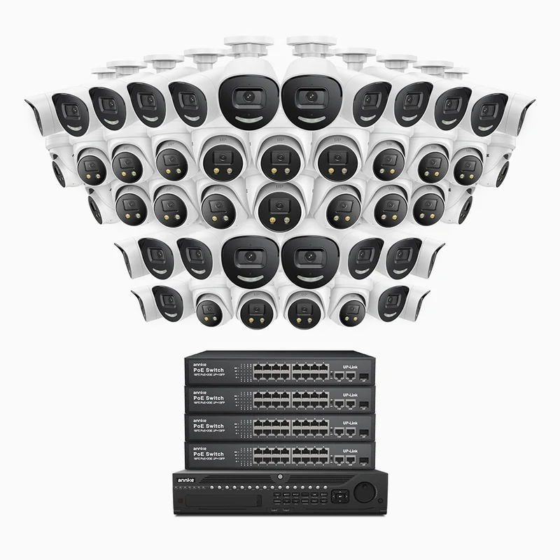 H800X - 4K 64 Channel PoE Security System with 24 Bullet & 24 Turret Cameras, 1/1.8'' BSI Sensor, f/1.6 Aperture (0.003 Lux), Siren & Strobe Alarm,Two-Way Audio, Human & Vehicle Detection, Perimeter Protection, All-Metal Housing