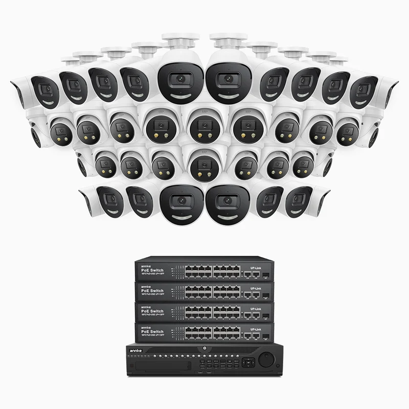 H800X - 4K 64 Channel PoE Security System with 20 Bullet & 20 Turret Cameras, 1/1.8'' BSI Sensor, f/1.6 Aperture (0.003 Lux), Siren & Strobe Alarm,Two-Way Audio, Human & Vehicle Detection, Perimeter Protection, All-Metal Housing