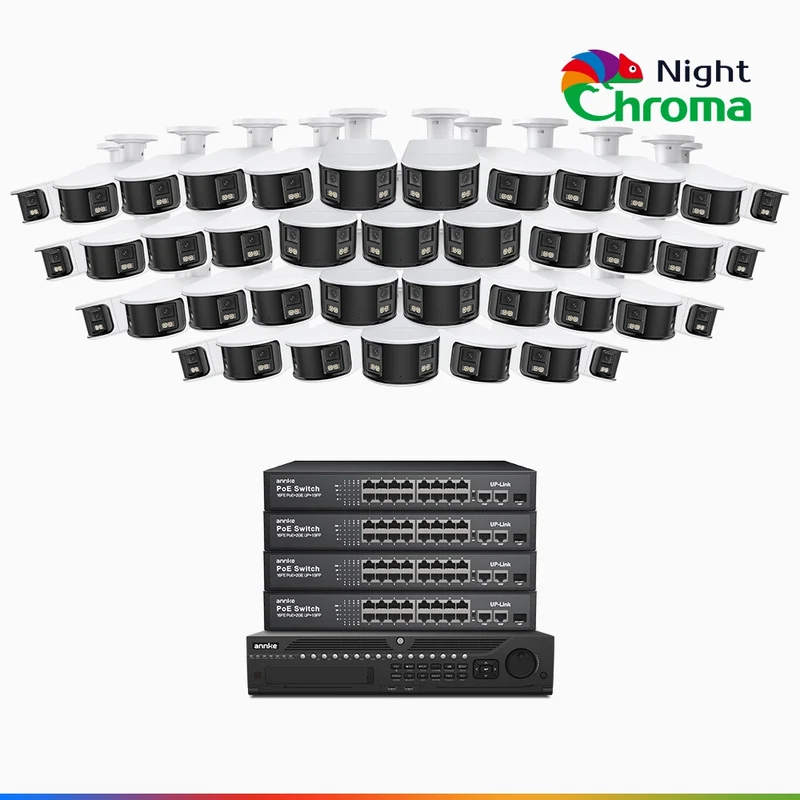 NightChroma TM NDK800 – 4K 64 Channel 40 Panoramic Dual Lens Cameras PoE Security System, f/1.0 Super Aperture, Acme Color Night Vision, Active Siren and Strobe, Human & Vehicle Detection, 2CH 4K Decoding Capability, Built-in Mic ,Two-Way Audio